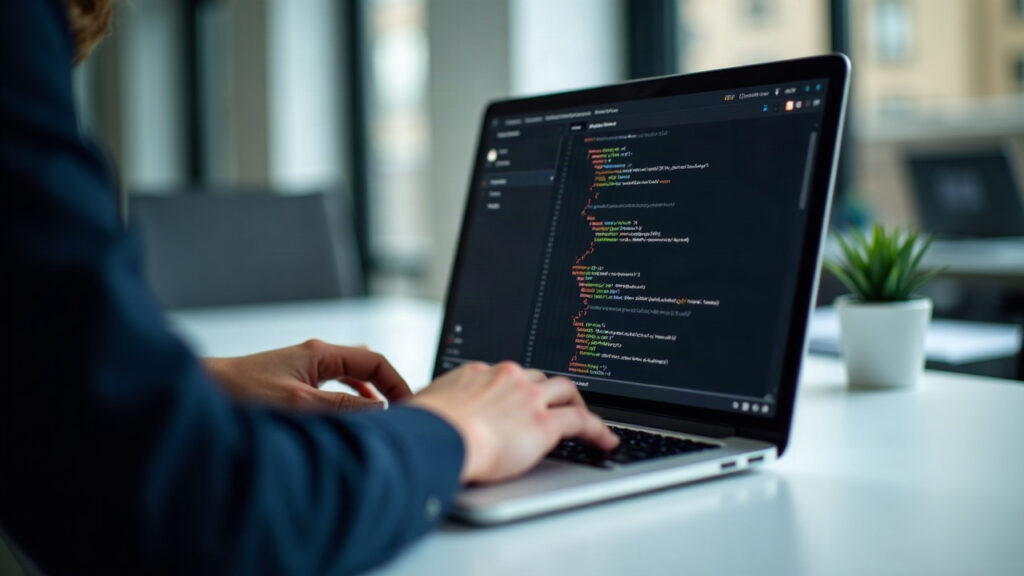 Software engineer at a clean desk with laptop displaying Solana V1 transaction code; hands in focus, newsroom-style branding.