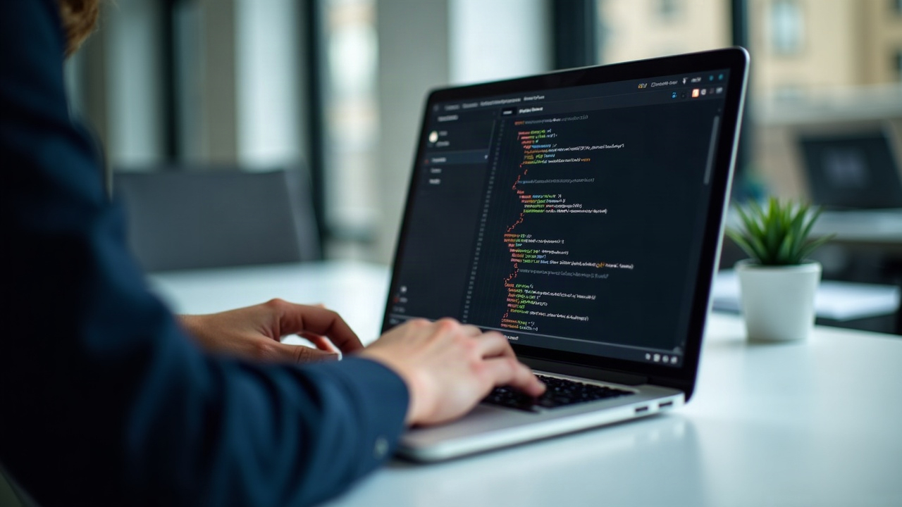 Software engineer at a clean desk with laptop displaying Solana V1 transaction code; hands in focus, newsroom-style branding.
