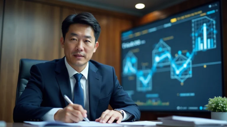 Editorial portrait of a South Korea FSC official at a desk with a digital ledger overlay illustrating tokenized securities