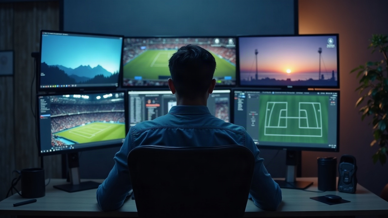 Analyst at a desk with crypto-wallet interface and sports visuals (stadium silhouette, tennis lines, football pitch).