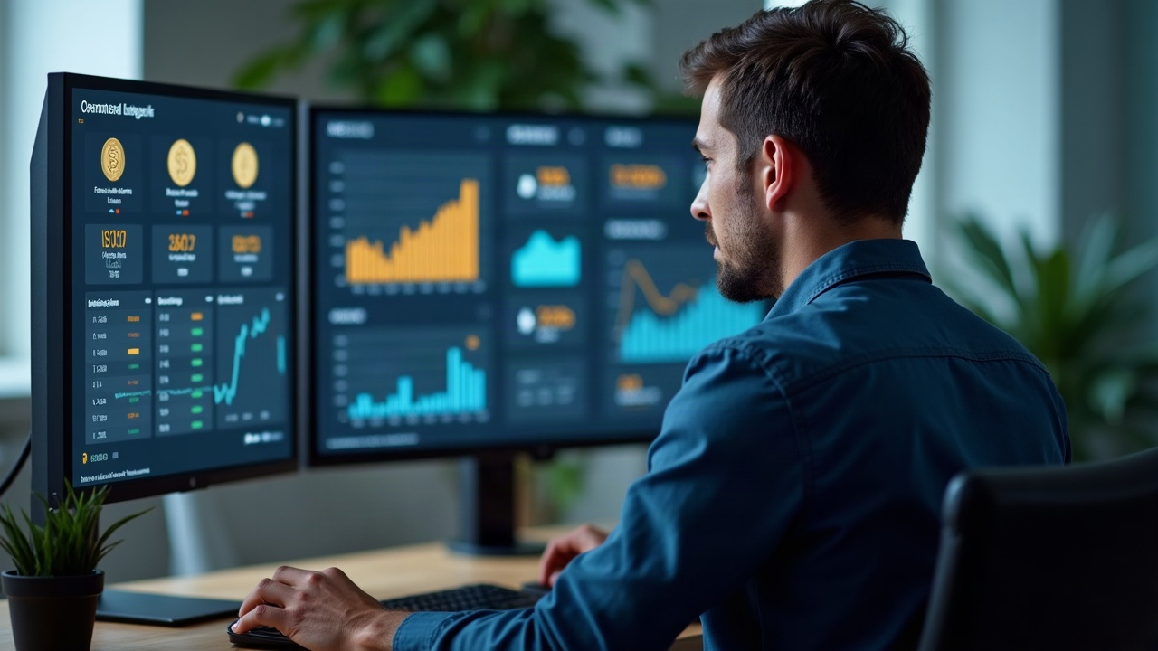 Analyst at desk with dual monitors showing a stablecoin dashboard, USDT and USDC icons, and rising supply data.