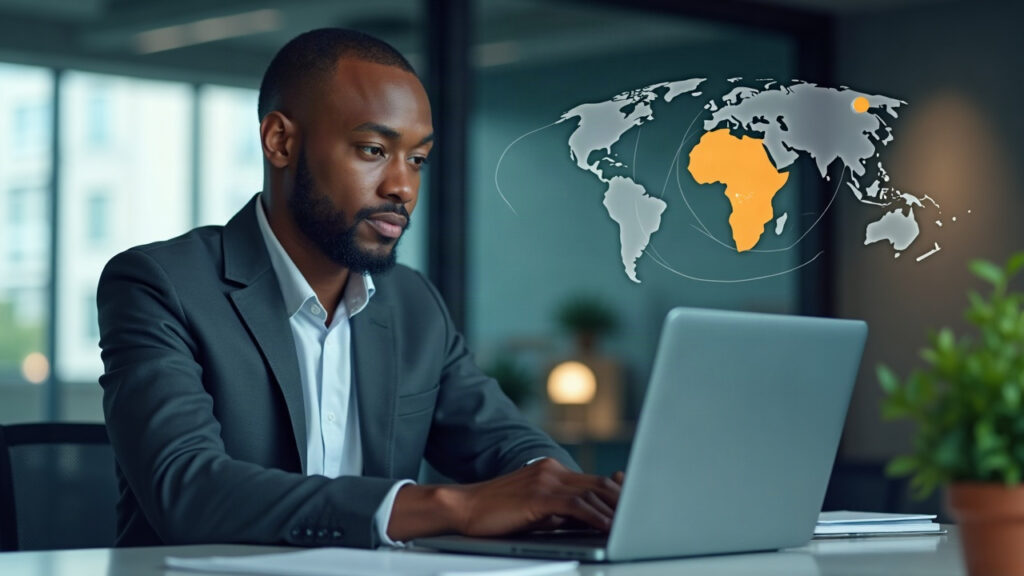 Executive in a modern office with Nigeria highlighted on a digital Africa map, Sui badge, and a laptop showing gasless transfer.