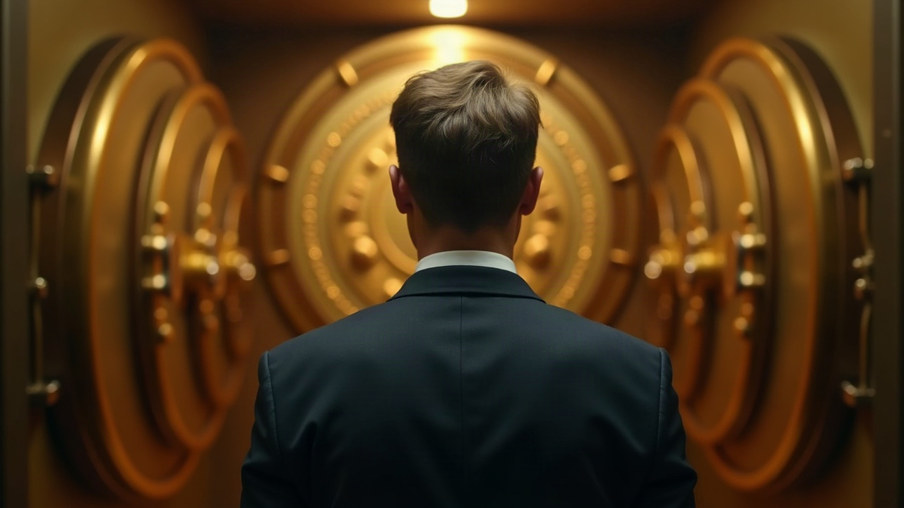 Editorial portrait of a suited regulator before a gold vault, with soft lighting and digital token motifs hinting at tokenized gold.