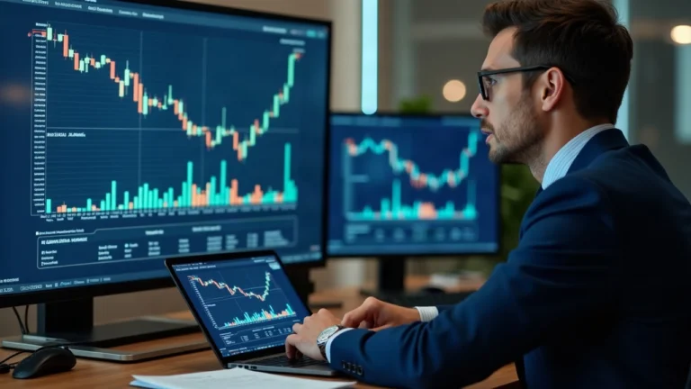 Analyst reviews tokenized U.S. stocks on a permissioned blockchain in a newsroom, SEC seal visible.