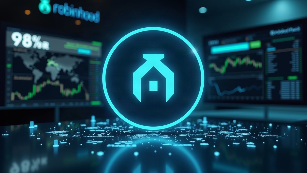 Newsroom-style graphic featuring a Uniswap-like DEX icon, tokenized stock symbols, and a dashboard showing 98% dominance.