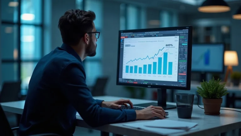 Editorial shot of a financial analyst at a desk, monitor displaying Uniswap logo and a rising chart at 60% RWA DEX volume