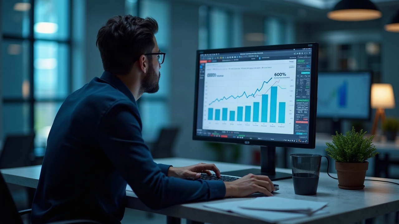 Editorial shot of a financial analyst at a desk, monitor displaying Uniswap logo and a rising chart at 60% RWA DEX volume