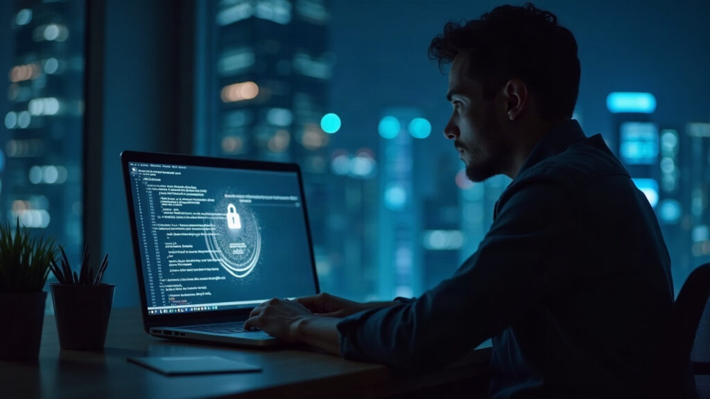 Editorial portrait of security analyst at a desk, with code on a laptop and a faint Uniswap v4 schematic and warning shield.