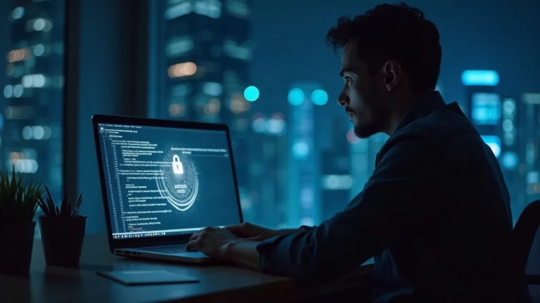 Editorial portrait of security analyst at a desk, with code on a laptop and a faint Uniswap v4 schematic and warning shield.