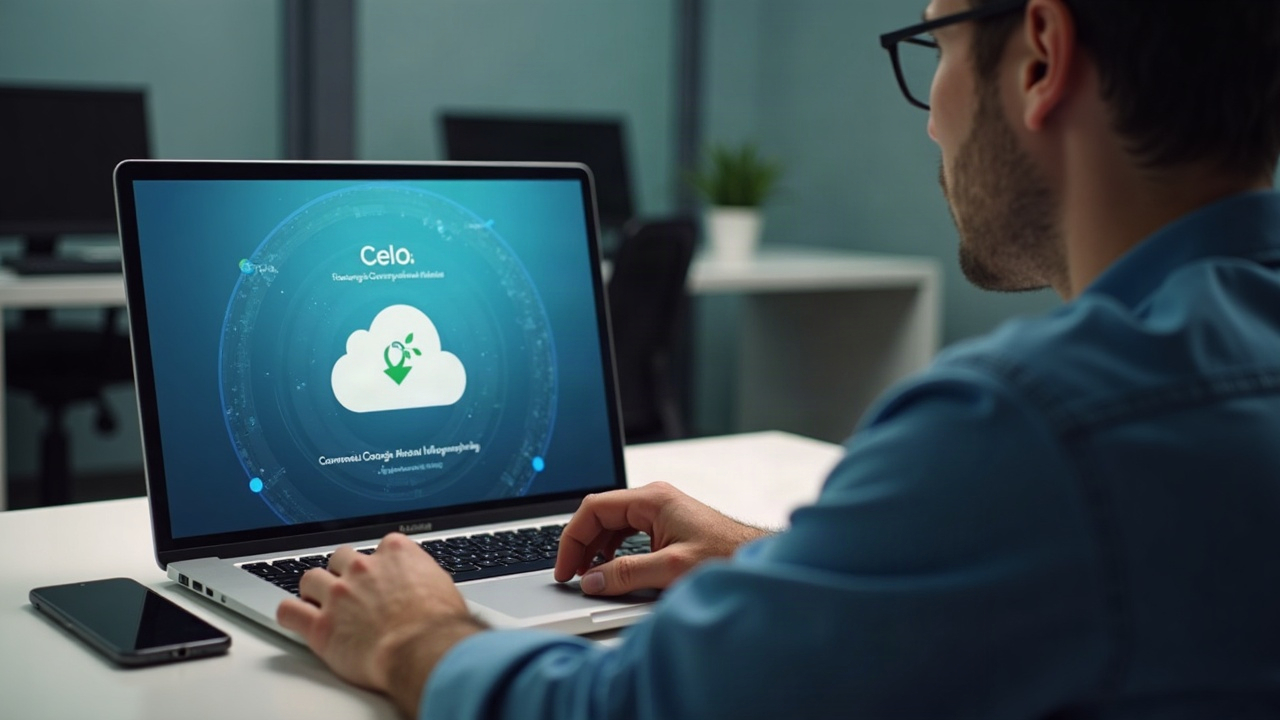 Verified user at a desk using a laptop faucet UI for USA-T, with a muted newsroom backdrop, hinting at celo-google cloud integration.