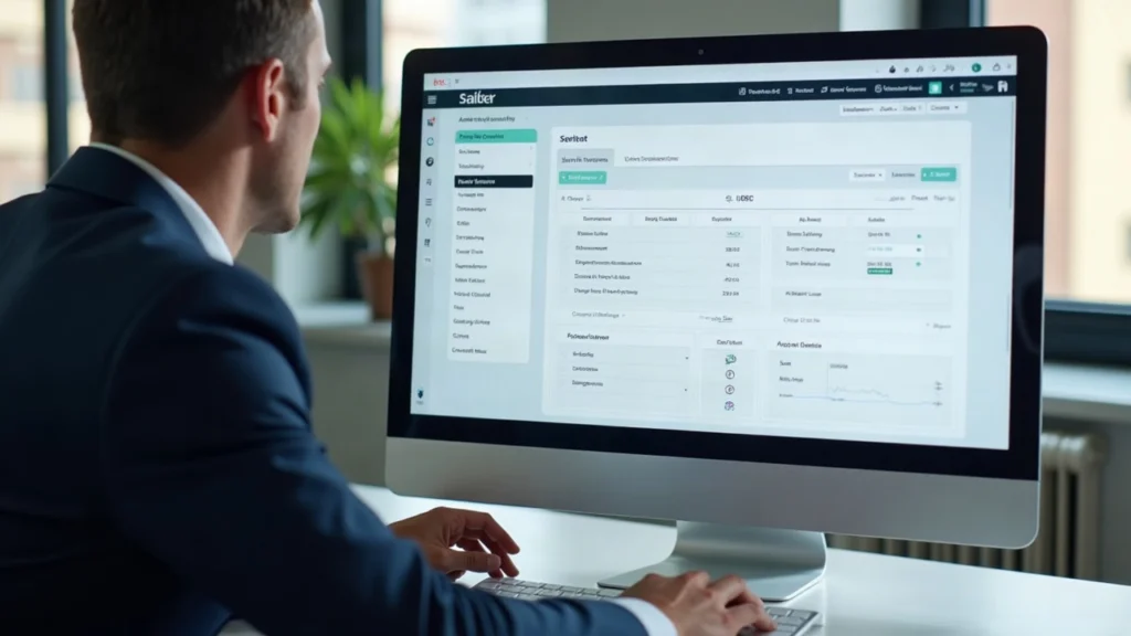 Bank executive at a clean desk with monitor displaying USDC settlement workflow, illustrating Circle-Volante integration.