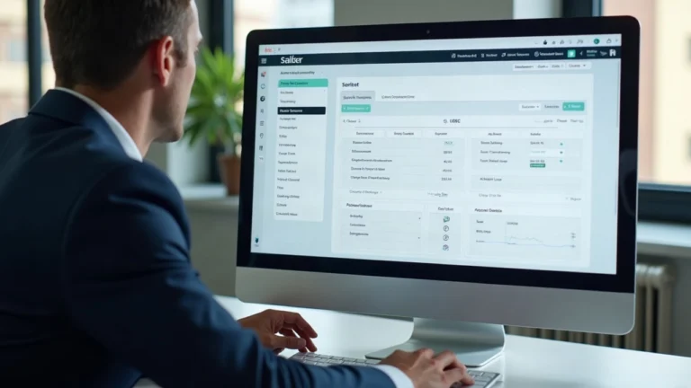 Bank executive at a clean desk with monitor displaying USDC settlement workflow, illustrating Circle-Volante integration.