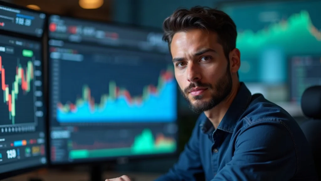 Editorial portrait of a business analyst in a newsroom, examining a rising USDe supply chart and on-chain metrics.