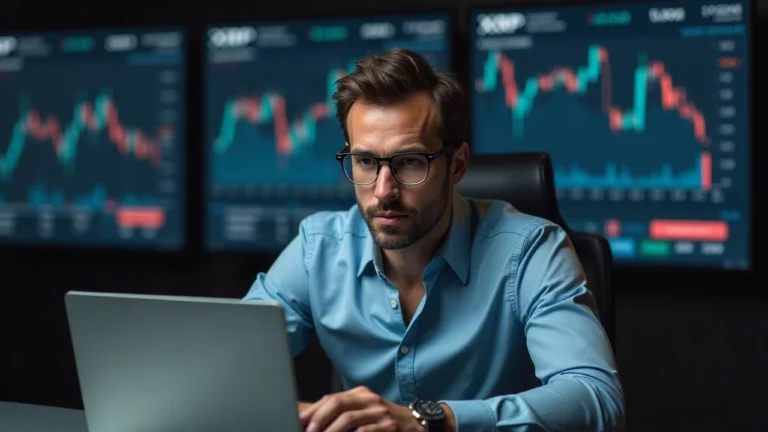 Analyst in a newsroom at a desk with an XRP ETF inflows display and a subtle Goldman Sachs reference.