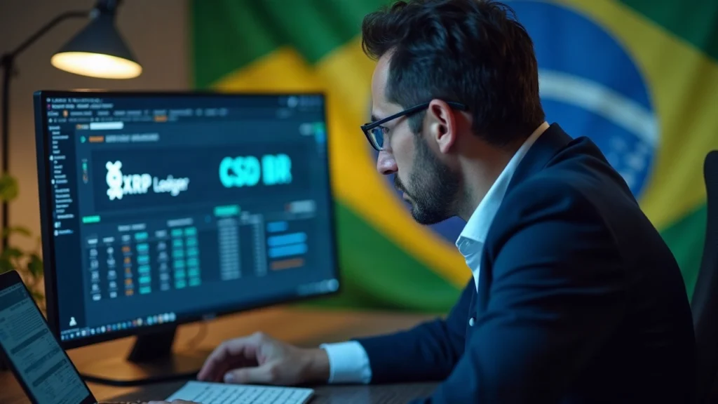 Financial professional reviews XRP Ledger and CSD BR on a monitor with a Brazil flag backdrop.