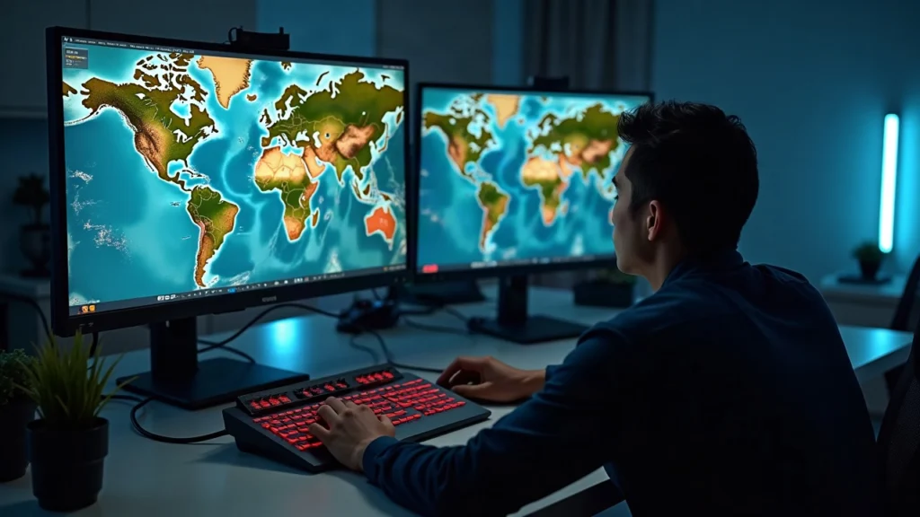 Editorial shot of a game analyst reviewing a regional map with monster icons on a monitor, signaling Yakkamon on Ronin Network.