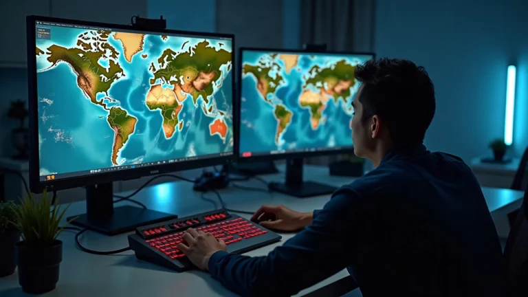 Editorial shot of a game analyst reviewing a regional map with monster icons on a monitor, signaling Yakkamon on Ronin Network.