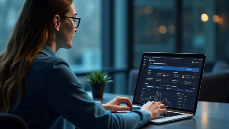 Editorial portrait of a pro at a desk with a laptop showing on-chain wallet onboarding and AI icons in a muted newsroom.