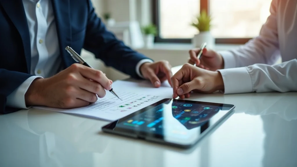 Two business professionals signing an MoU in a UAE office, with a tablet displaying tokenized assets and Sukuk symbols.
