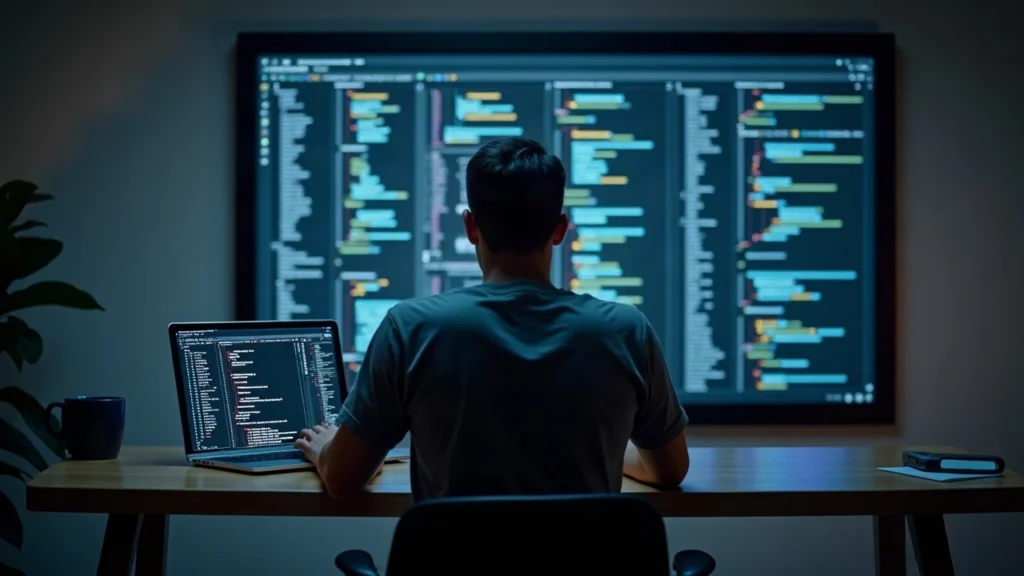 Editorial desk with a laptop displaying Ethereum Sepolia testnet transactions, code snippets, and a serious analyst.