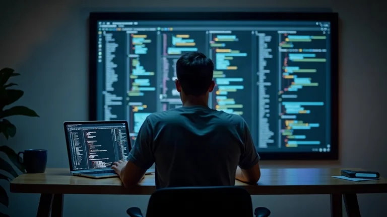 Editorial desk with a laptop displaying Ethereum Sepolia testnet transactions, code snippets, and a serious analyst.