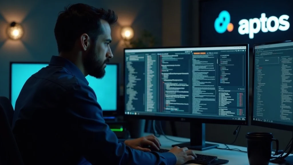 Analyst at a desk with a monitor showing encrypted mempool UI, Aptos branding in muted newsroom lighting.