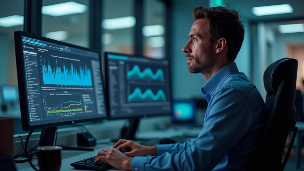 Editorial portrait of an Aptos engineer at a clean desk, monitor shows MonoMove 55x speed-test graphs and mainnet replay data.