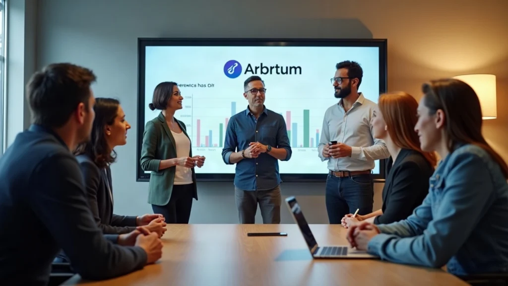 Diverse startup team presents to mentors in a modern conference room with Arbitrum branding and a Cohort 2 banner.
