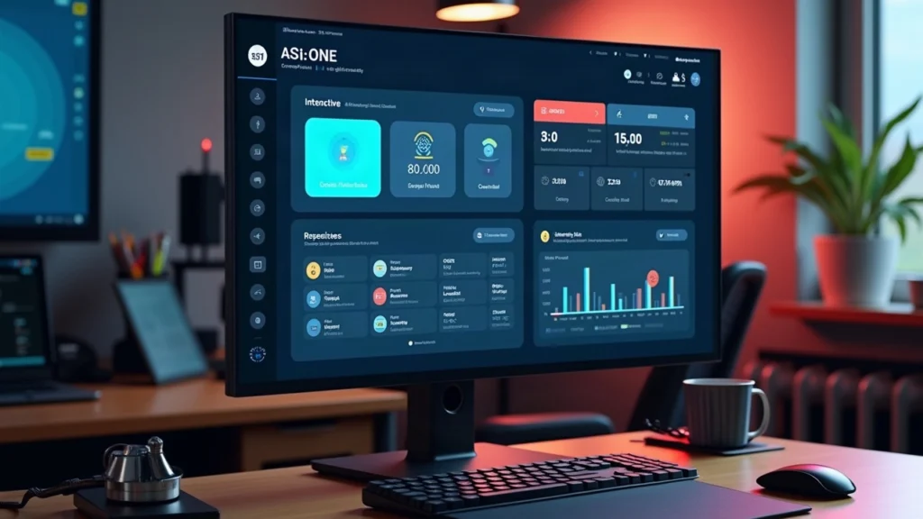 Editorial desk with a monitor showing the ASI:One dashboard and interactive cards with tool icons, newsroom vibe