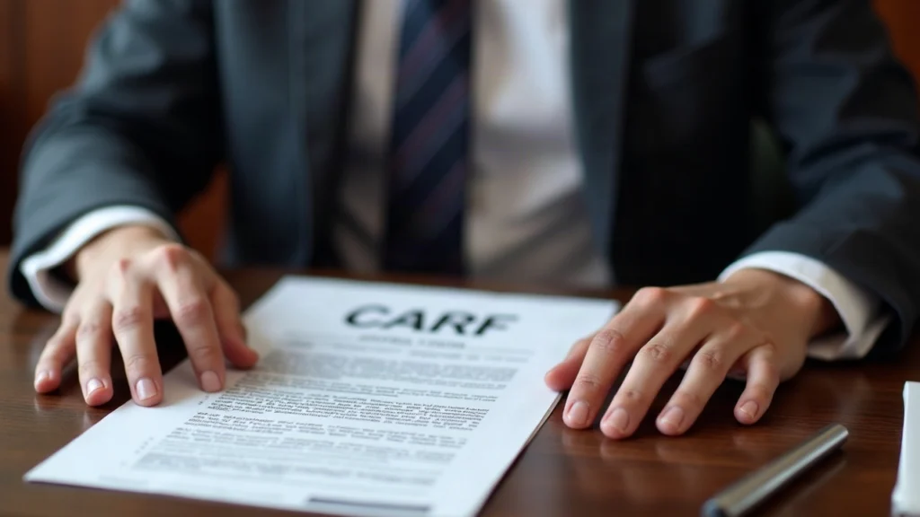 Australian Treasury official at a desk reviewing the CARF crypto tax reporting bill in a newsroom