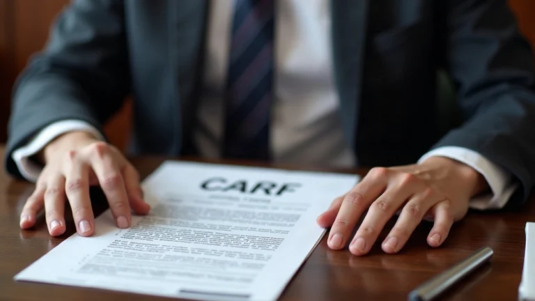 Australian Treasury official at a desk reviewing the CARF crypto tax reporting bill in a newsroom