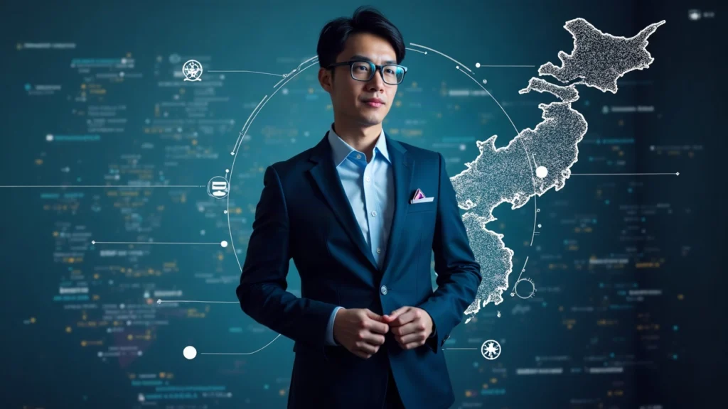 Suited professional centered with a Korea map and blockchain rails showing Avalanche and Hyperledger logos.