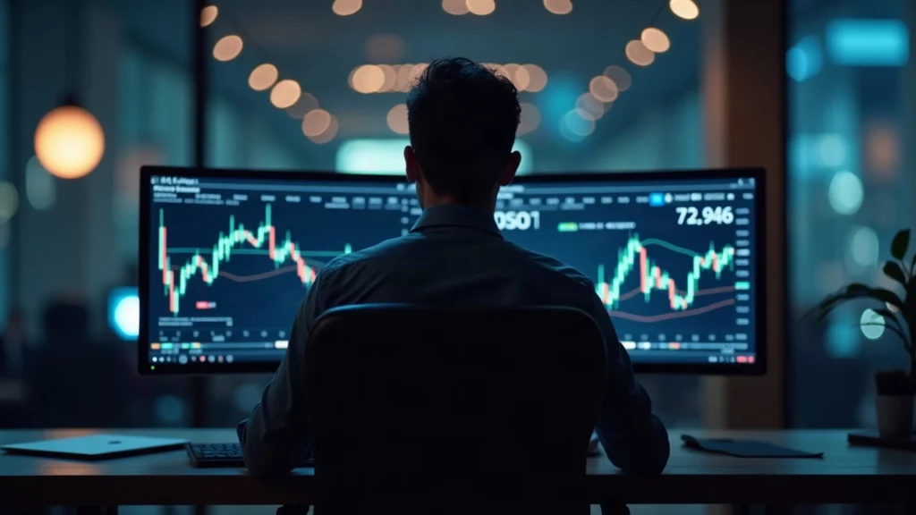 Editorial shot of a trader at a desk monitoring AXIS/USDT on KuCoin, AXIS logo visible in a newsroom setting.
