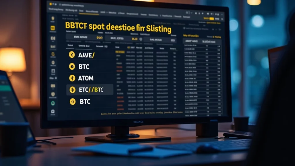 Editorial newsroom desk with a monitor displaying Binance BTC spot-pair delisting list, including AAVE/BTC, ATOM/BTC, and ETC/BTC.