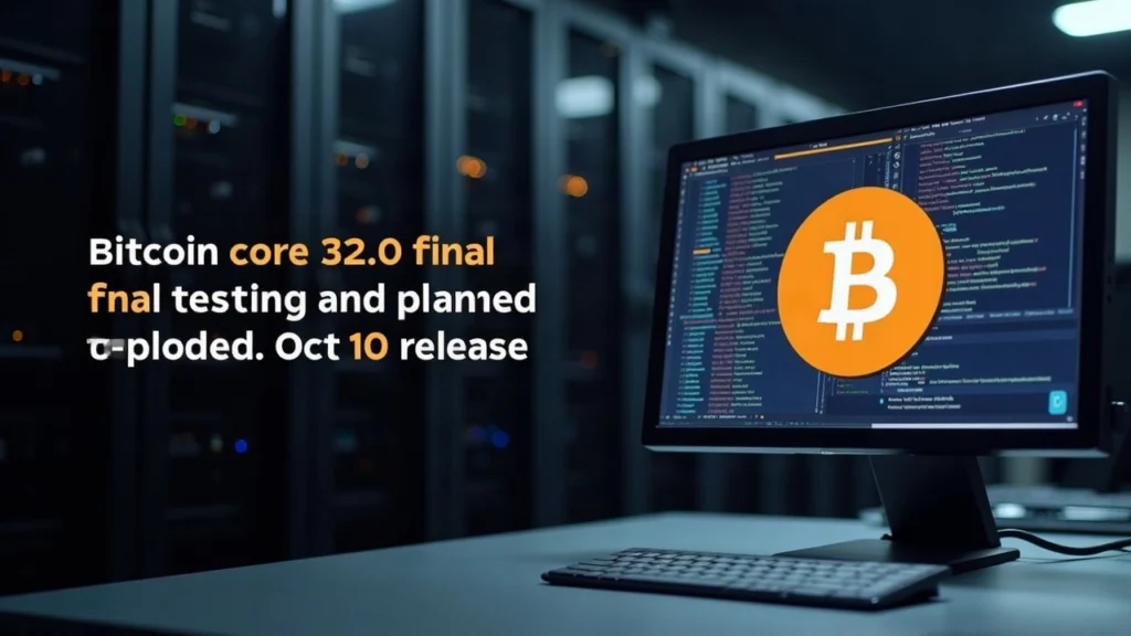 Data center racks and a monitor with a Bitcoin logo, signaling Bitcoin Core 32.0 final testing ahead of October 10.