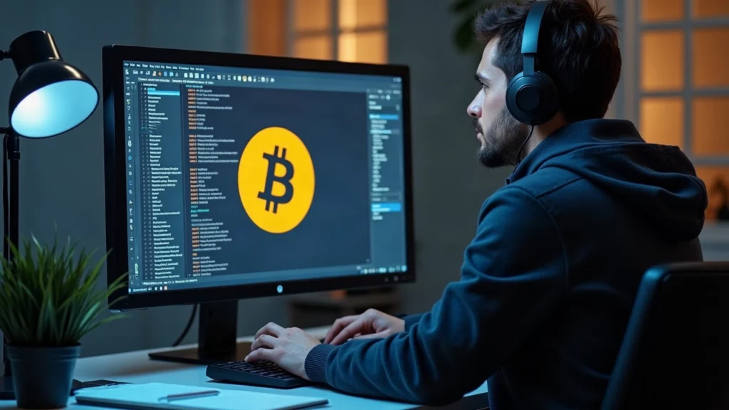 Editorial portrait of a cybersecurity engineer at a clean workstation, Bitcoin Core logo on monitor with patch notes.