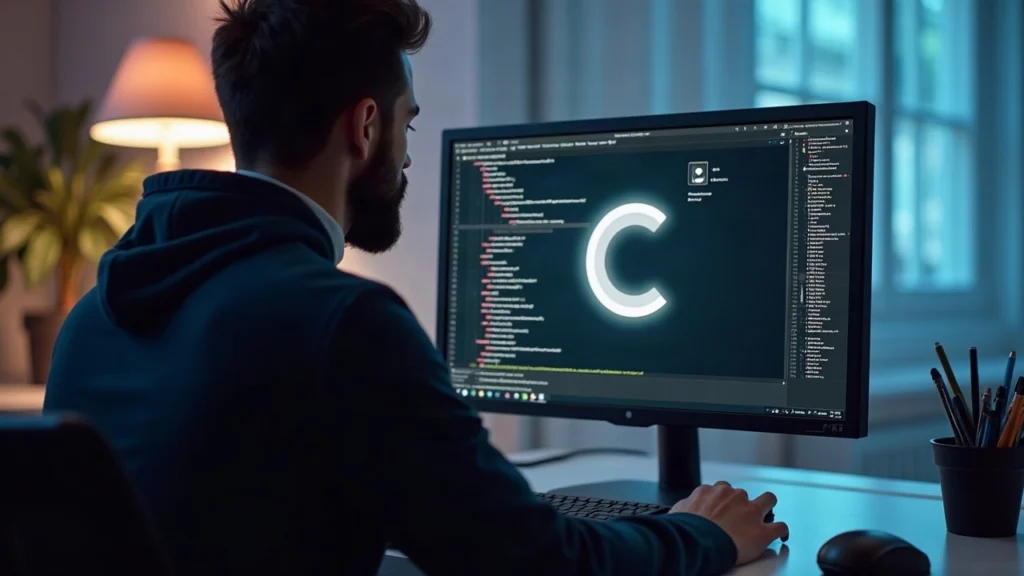 Editorial shot of a developer at a clean desk, Cardano logo on screen with code, showing gRPC and WebAssembly icons.