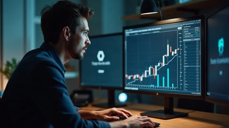 Editorial portrait of a journalist at a newsroom desk, watching a screen with Cardano NFT activity and an EarthNode icon.
