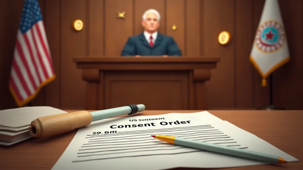 US federal courtroom scene with a judge at the bench, documents labeled Consent Order and 5m settlement, and subtle crypto symbols in the background