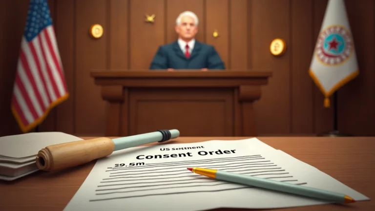 US federal courtroom scene with a judge at the bench, documents labeled Consent Order and 5m settlement, and subtle crypto symbols in the background