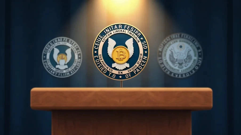 Editorial podium with CFTC, FinCEN, and SEC insignias, crypto ledger imagery, BTC/ETH icons, signaling 3x leverage funds in a newsroom setting