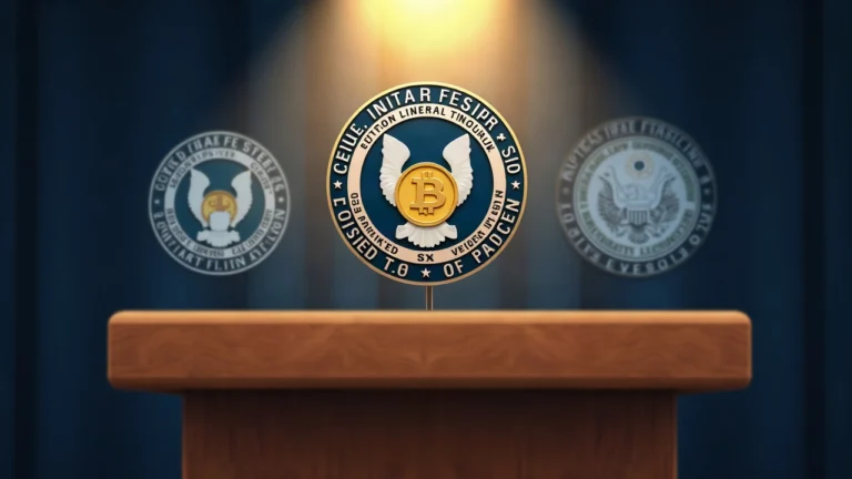 Editorial podium with CFTC, FinCEN, and SEC insignias, crypto ledger imagery, BTC/ETH icons, signaling 3x leverage funds in a newsroom setting