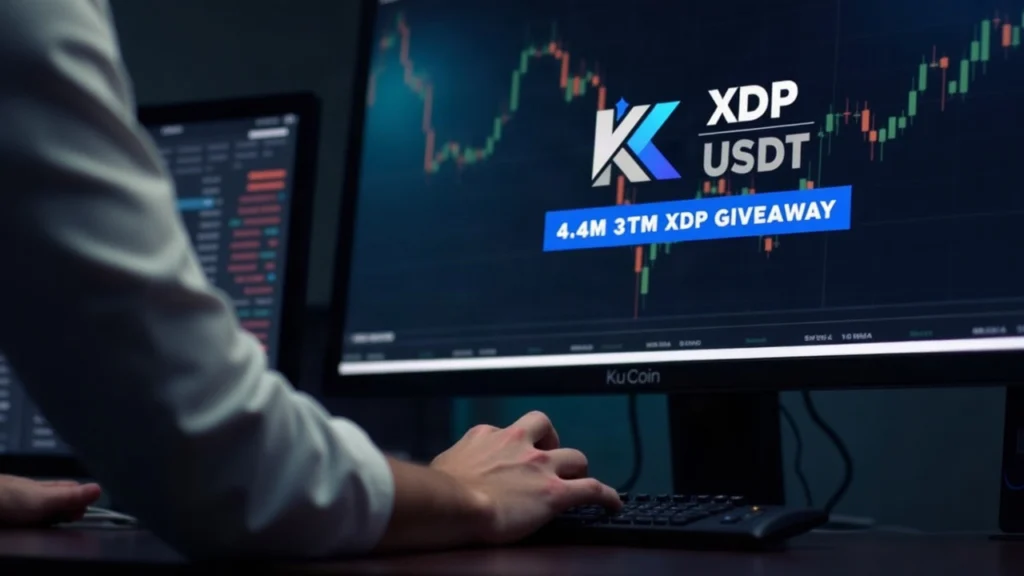 Trader at a desk; monitor shows KuCoin logo, XDP/USDT, and a 4.4M XDP Giveaway banner.