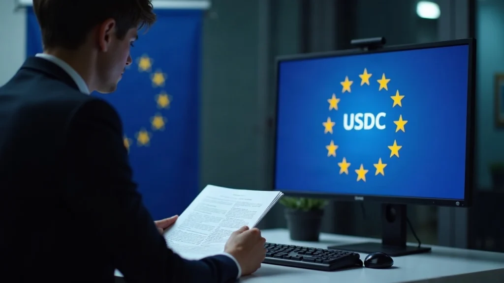 Regulator reviews MiCA documents as USDC symbol appears on screen, EU flag in background, newsroom lighting.