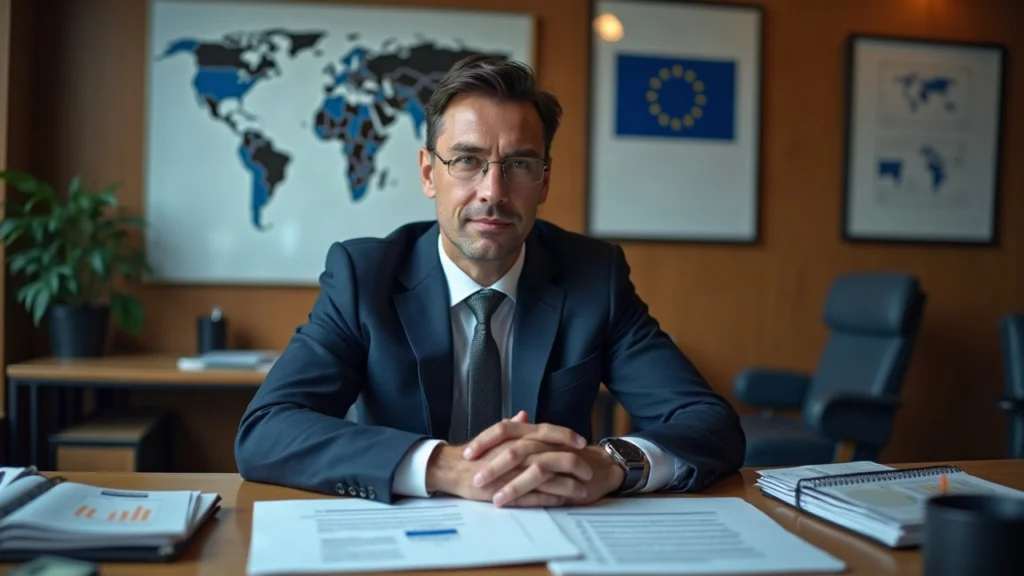 Editorial portrait of a regulator at a desk with EU map and MiCA papers, signaling phaseout of non-compliant tokens by 2027.
