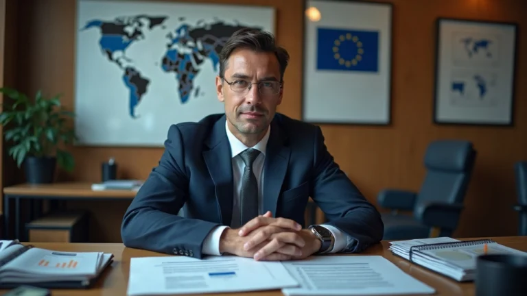 Editorial portrait of a regulator at a desk with EU map and MiCA papers, signaling phaseout of non-compliant tokens by 2027.