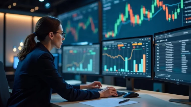 Newsroom-style portrait of a financial analyst at a desk, with a monitor showing rising USDe TVL and whale transfers for Ethena.