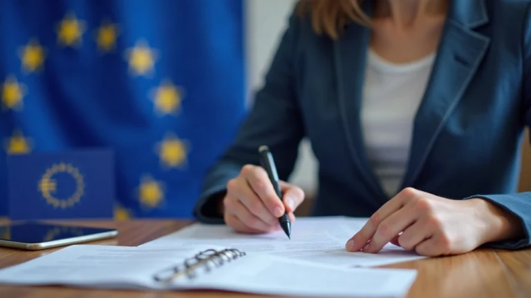 A participant signs an EU petition on MiCA stablecoin rewards, with EU flag in the background.