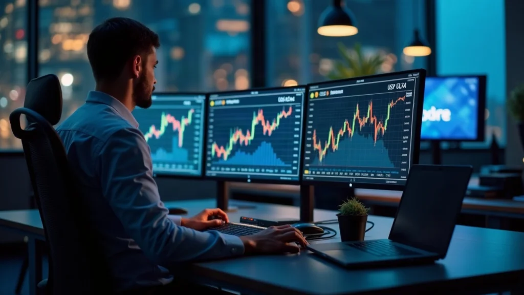 Professional trader at a clean desk with monitors showing USDT restriction for EEA and USDC one-way conversion under EU MiCA
