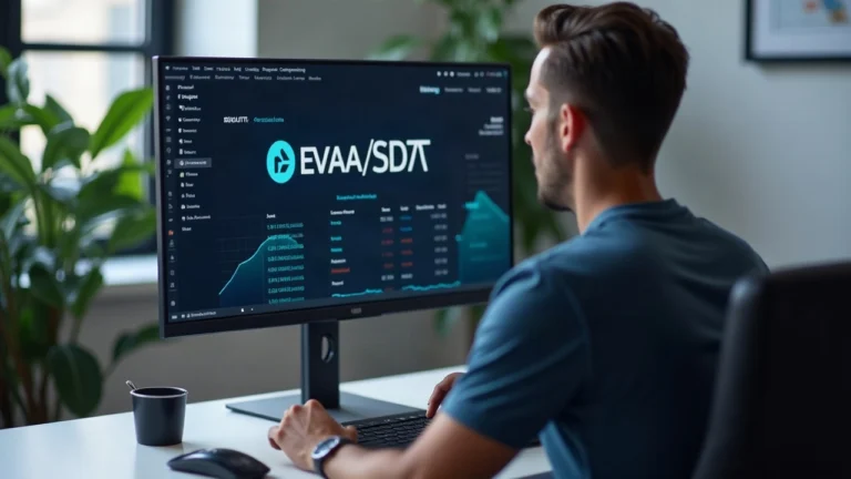 Trader at a clean desk monitoring EVAA/USDT on KuCoin with listing banner and EVAA logo.